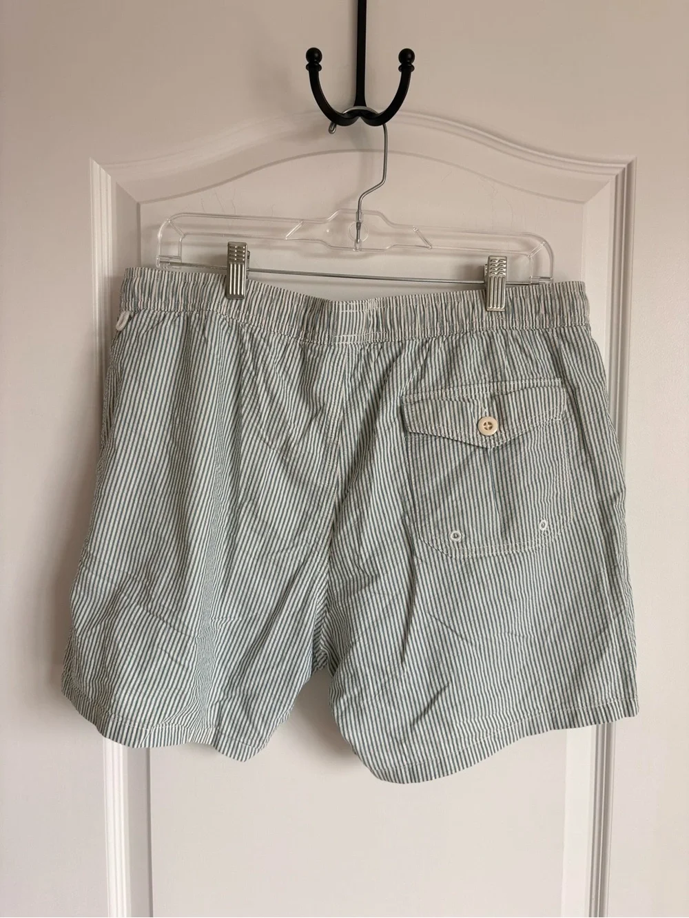 J. Crew Men's Striped Seersucker Drawstring swim trunks - Light Blue & White